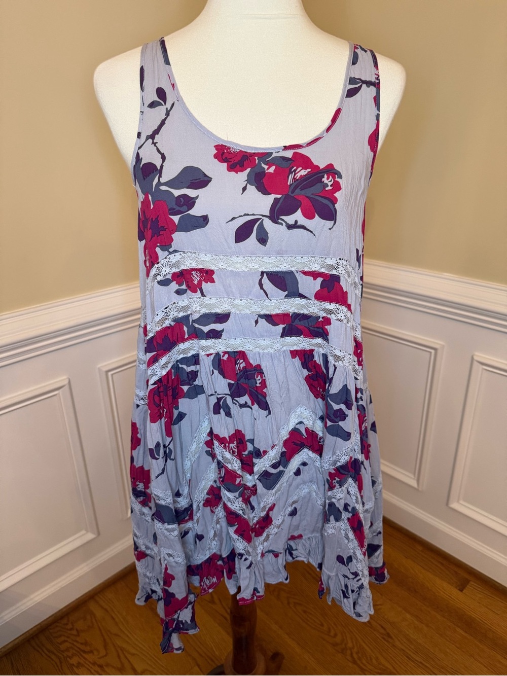Free People Intimately Sleeveless Floral Swing Dress in Light Blue and Magenta